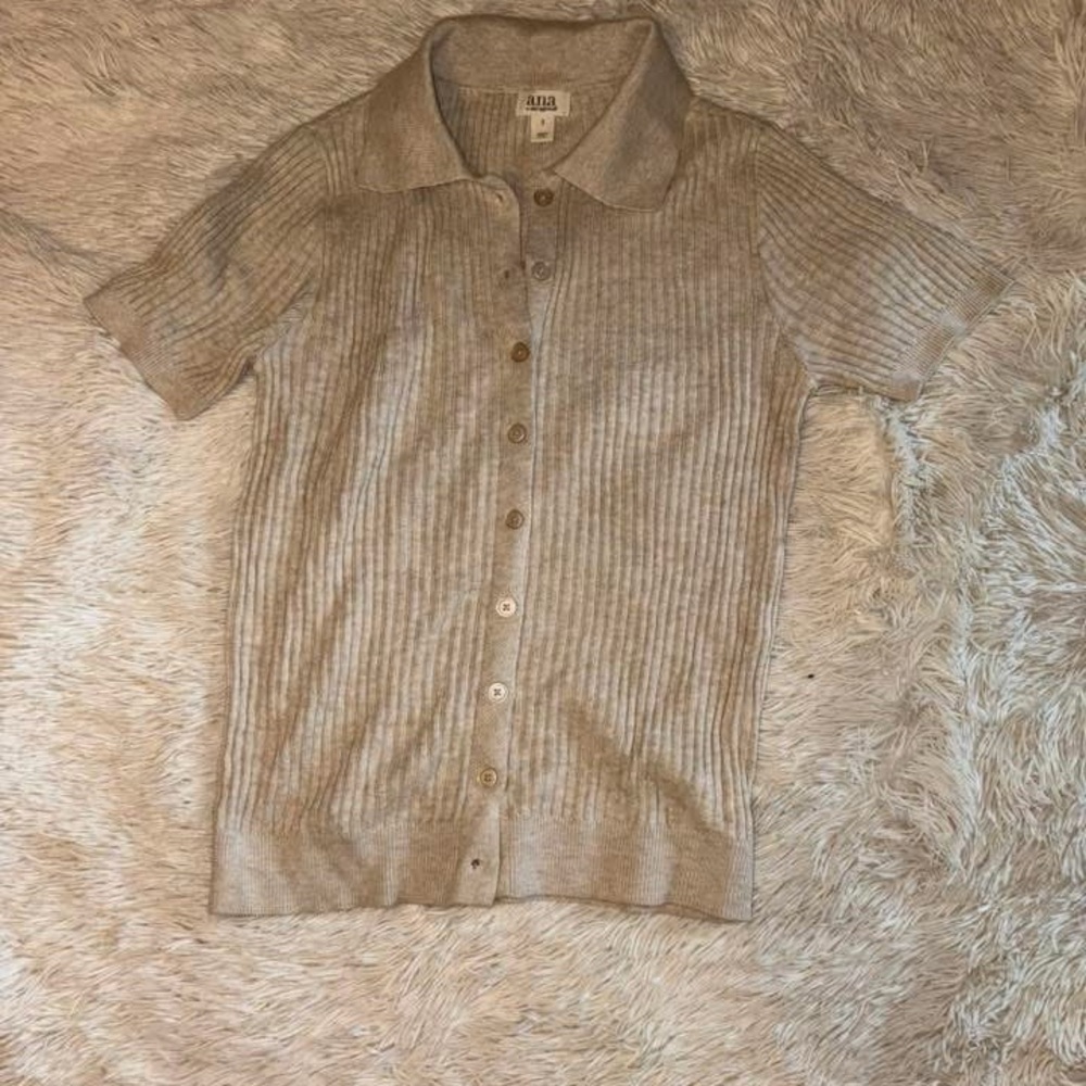 a.n.a Beige Ribbed Short Sleeve Button-Down Top